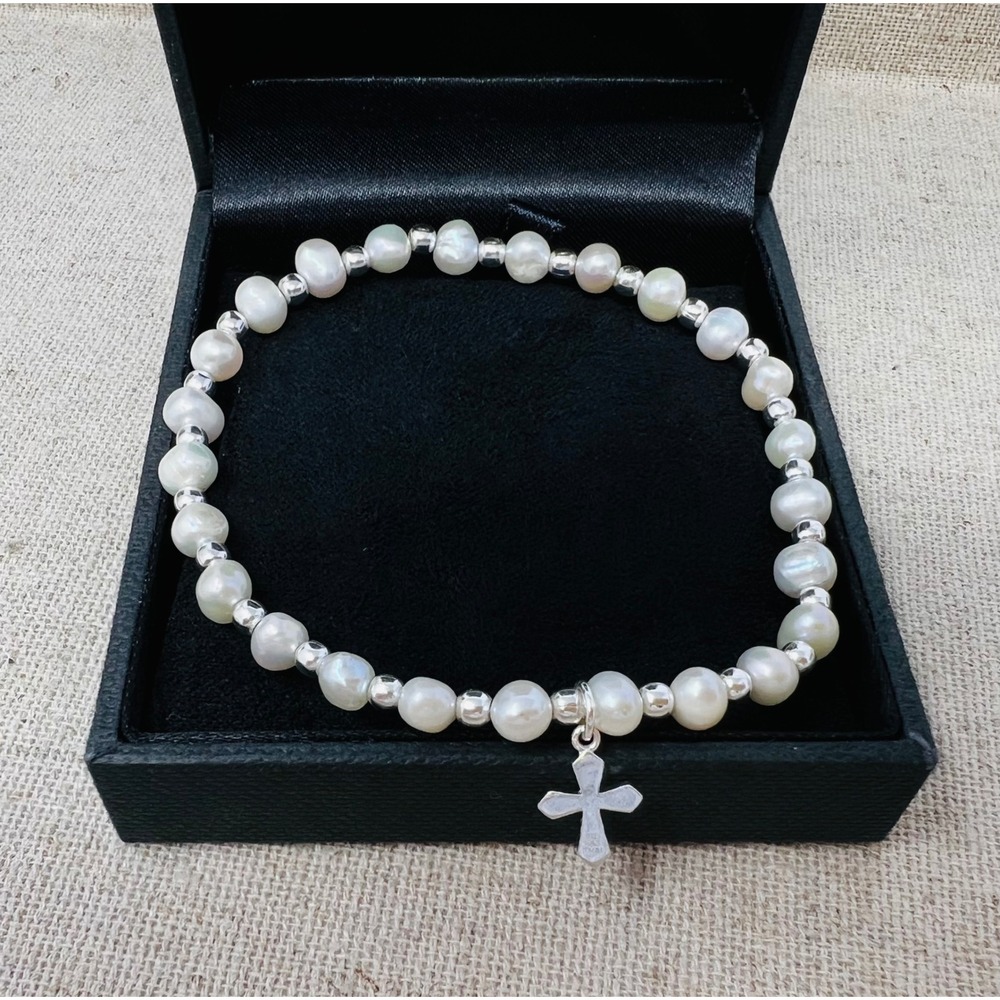 Sterling Silver 925 Freshwater Pearl Cross Charm Stretch Bracelet FAS THAI 7in